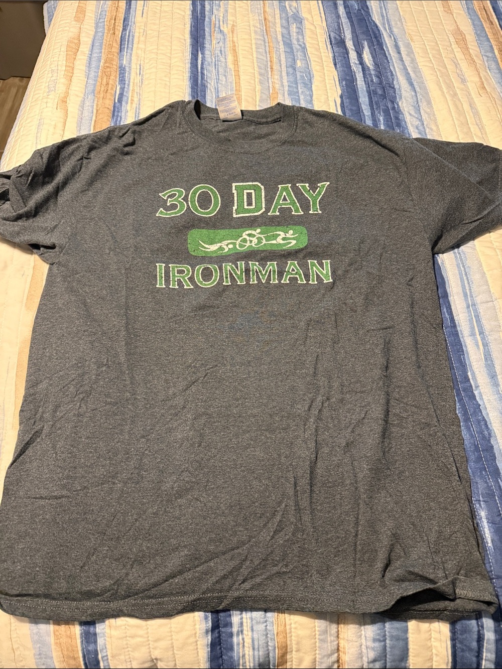 Gildan Charcoal Tee with Green "30 Day Ironman" Graphic